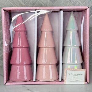 NEW Cupcakes and Cashmere Pearlescent Christmas Trees Ceramic Decorative Set (3)